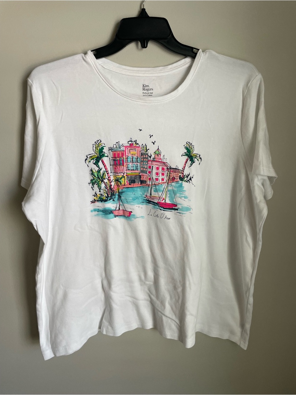 Kim Rogers White Tee with Pink & Teal Harbor Graphic